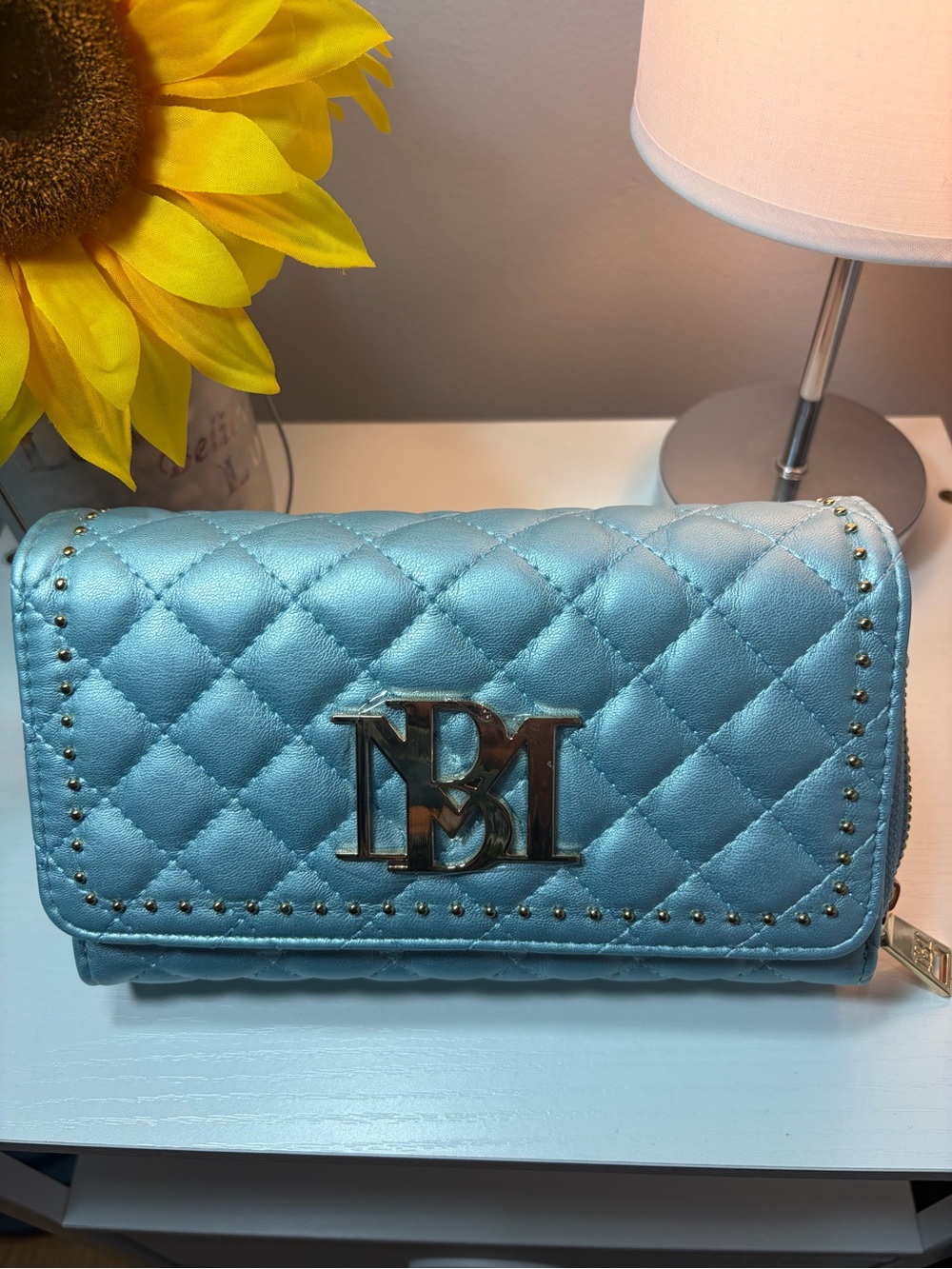 NWT Badgley Mischka Blue Metal Quilted with Gold Stud Accents Handbag